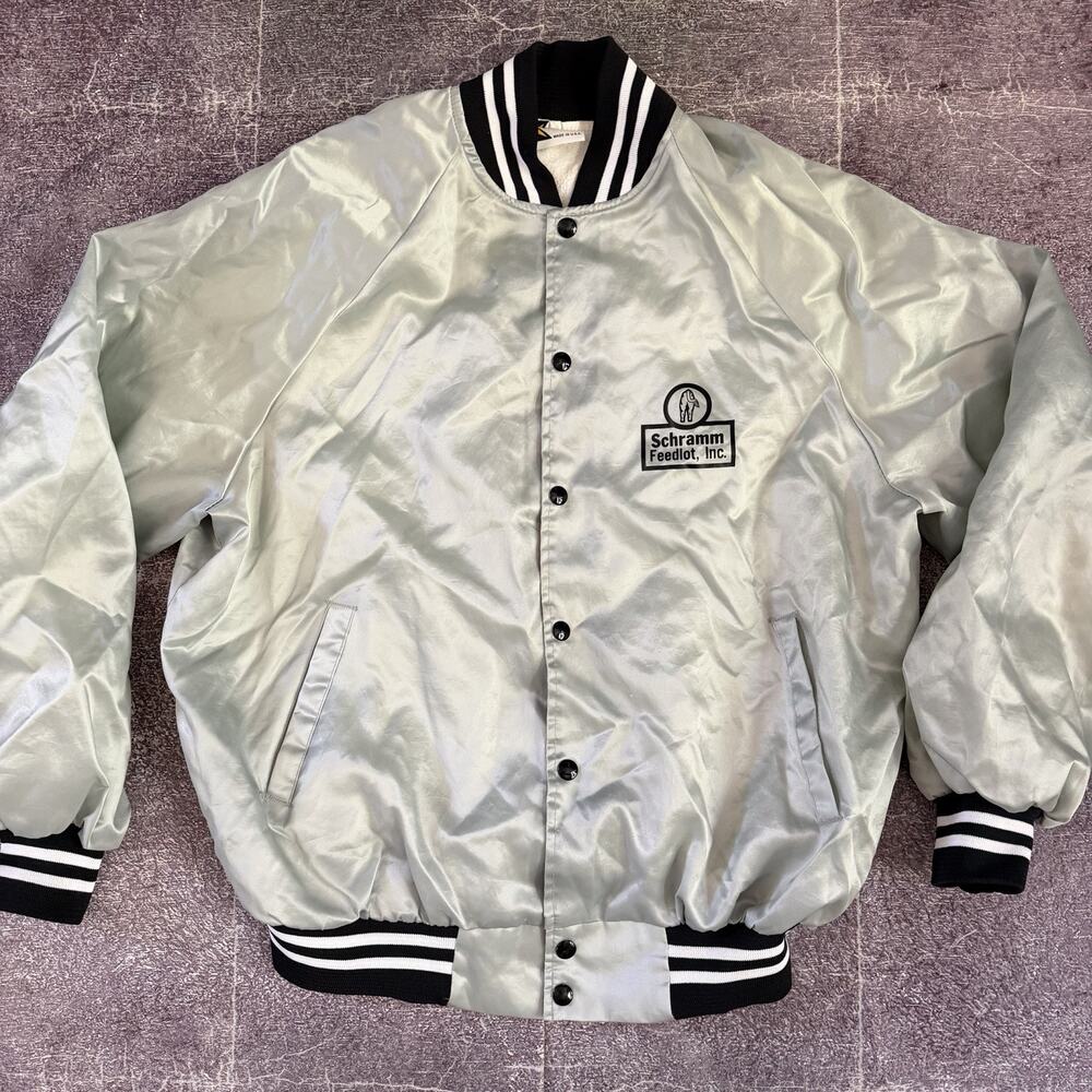 Men's Vintage 80's K Brand USA Schramm Feedlot Silver Satin Bomber Jacket Sz L